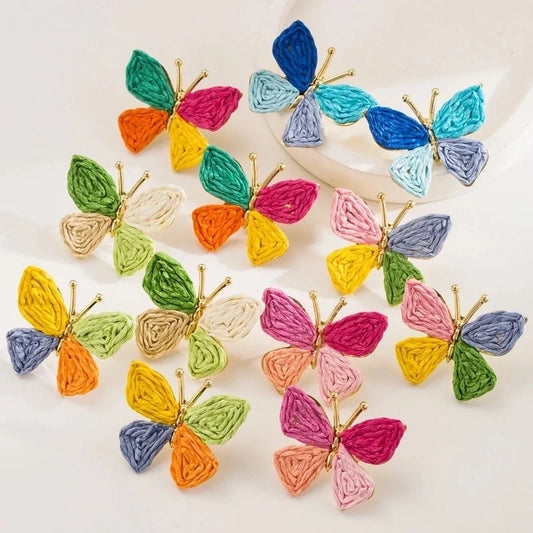 Women\'s Korean-Style Colorful Woven Handmade Raffia Stud Earrings Minority Vacation Style Butterfly Earrings