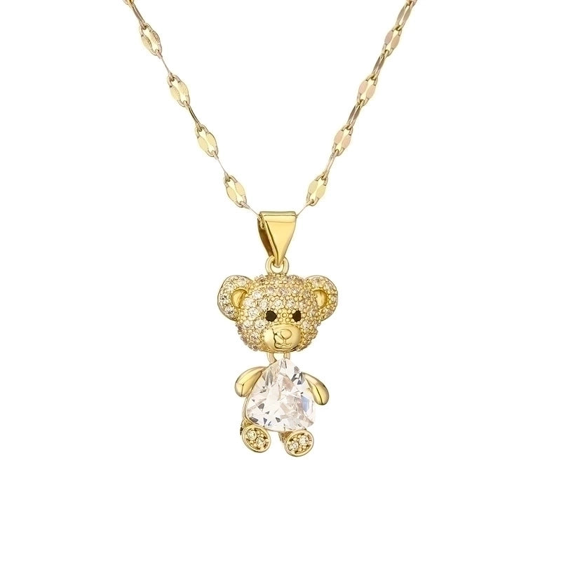 Cartoon Style Cute Little Bear Titanium Steel Copper Pearl Zircon Plating Inlay Pendant Necklace