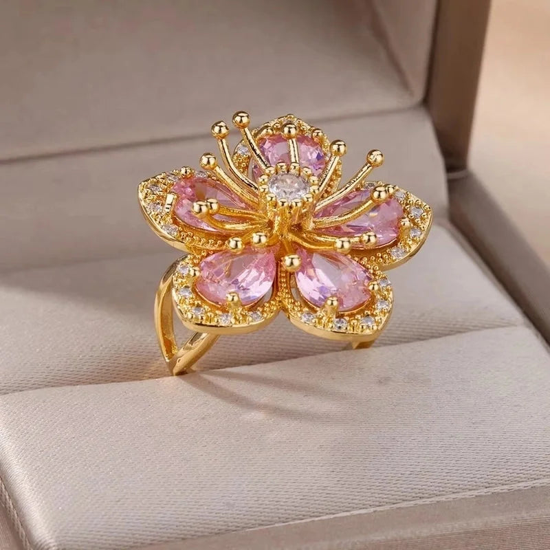 Copper 18K Gold Plated Flower Zirconia Open Rings Rings