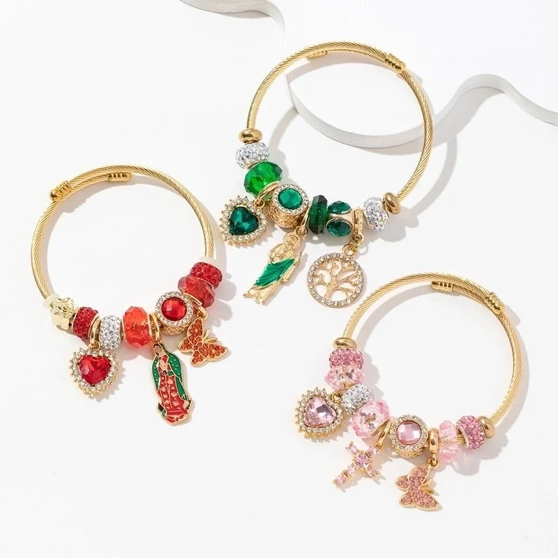 Elegant Cute Religion Cross Heart Shape Butterfly 304 Stainless Steel Alloy Artificial Crystal Bangle In Bulk