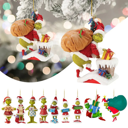 2 Pieces Christmas Green Furry Monster Ornament Hanging Decoration Christmas Tree Hanging Design Decoration Resin 3d