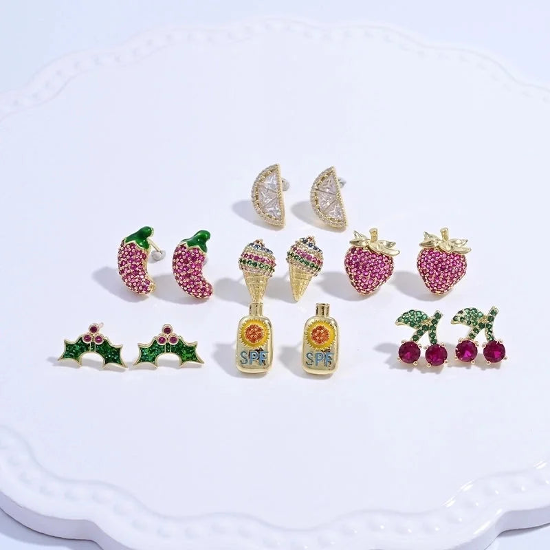 1 Pair Casual Sweet Minimalist Ice Cream Cherry Pineapple Enamel Copper Zircon 18K Gold Plated Ear Studs