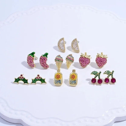 1 Pair Casual Sweet Minimalist Ice Cream Cherry Pineapple Enamel Copper Zircon 18K Gold Plated Ear Studs