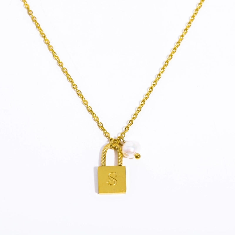 201 Stainless Steel 304 Stainless Steel Glass Gold Plated Casual Minimalist Pearl Plating Letter Lock Pendant Necklace