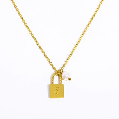 201 Stainless Steel 304 Stainless Steel Glass Gold Plated Casual Minimalist Pearl Plating Letter Lock Pendant Necklace