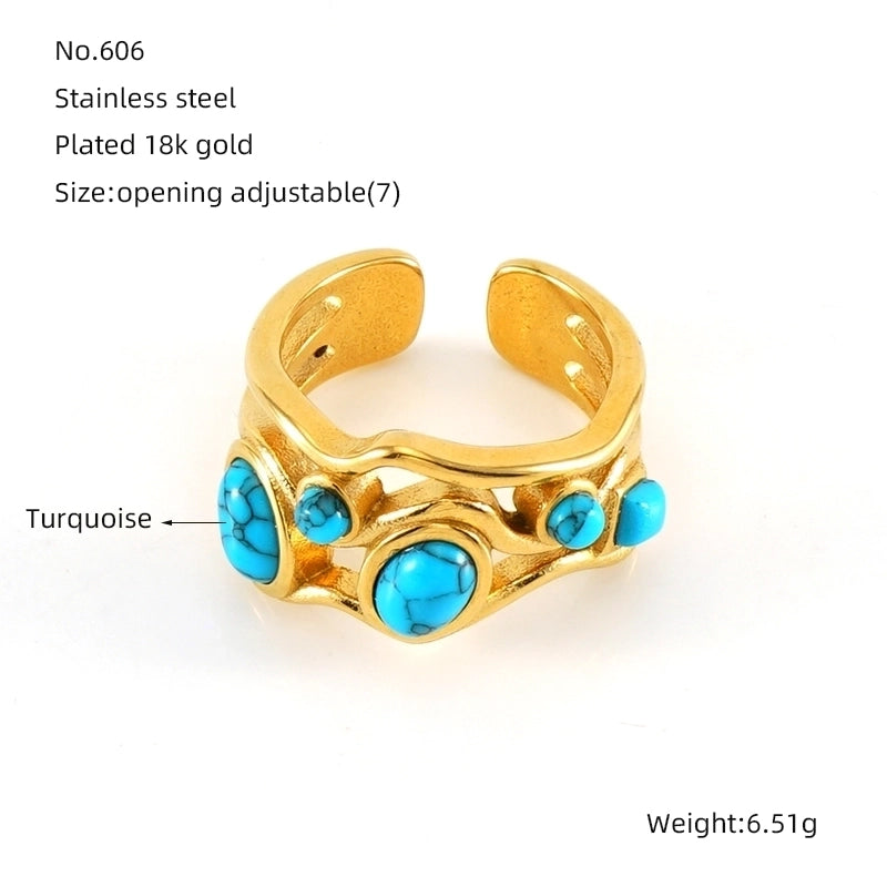 304 Stainless Steel 18K Gold Plated Minimalist Plating Inlay Round Natural Stone Open Rings