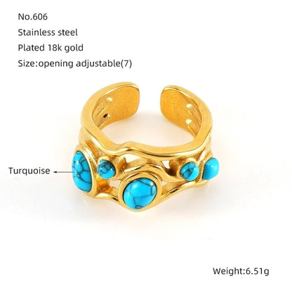 304 Stainless Steel 18K Gold Plated Minimalist Plating Inlay Round Natural Stone Open Rings