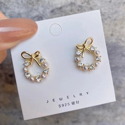 1 Pair Fashion Leaf Flower Bow Knot Imitation Pearl Alloy Rhinestones Earrings