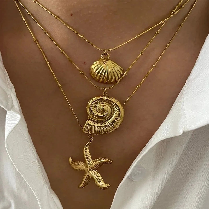 Marine Style Starfish Conch Shell 316L Stainless Steel 18K Gold Plated Pendant Necklace