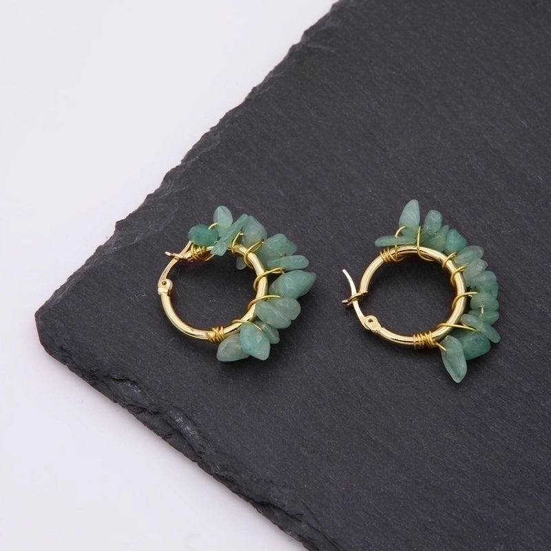 2 Pieces Ethnic Style Bohemian Tropical Solid Color Handmade Plating Natural Stone Copper 18k Gold Plated Hoop Earrings