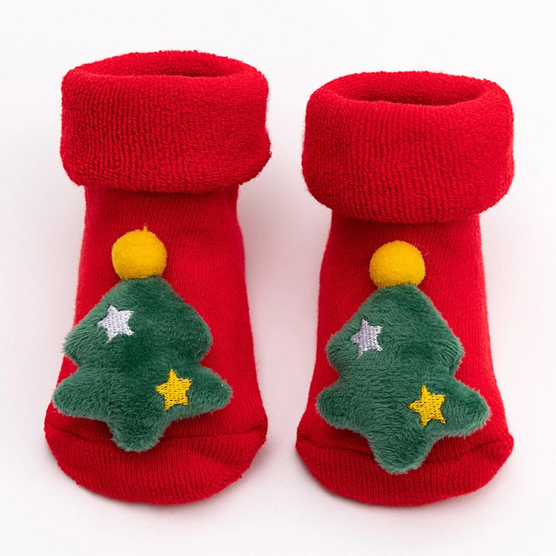 New Newborn Baby Socks Autumn And Winter A Cotton Red Terry Fleece-lined Thickened Non-slip Baby Christmas Floor Socks 1