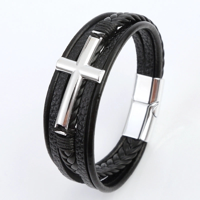 Casual Streetwear Cross 304 Stainless Steel Pu Leather Copper 18K Gold Plated Copper Bangle In Bulk