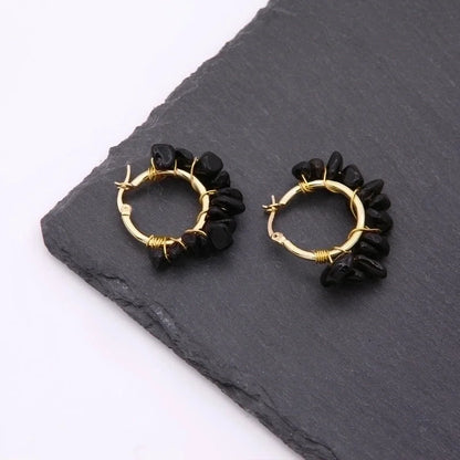 2 Pieces Ethnic Style Bohemian Tropical Solid Color Handmade Plating Natural Stone Copper 18k Gold Plated Hoop Earrings