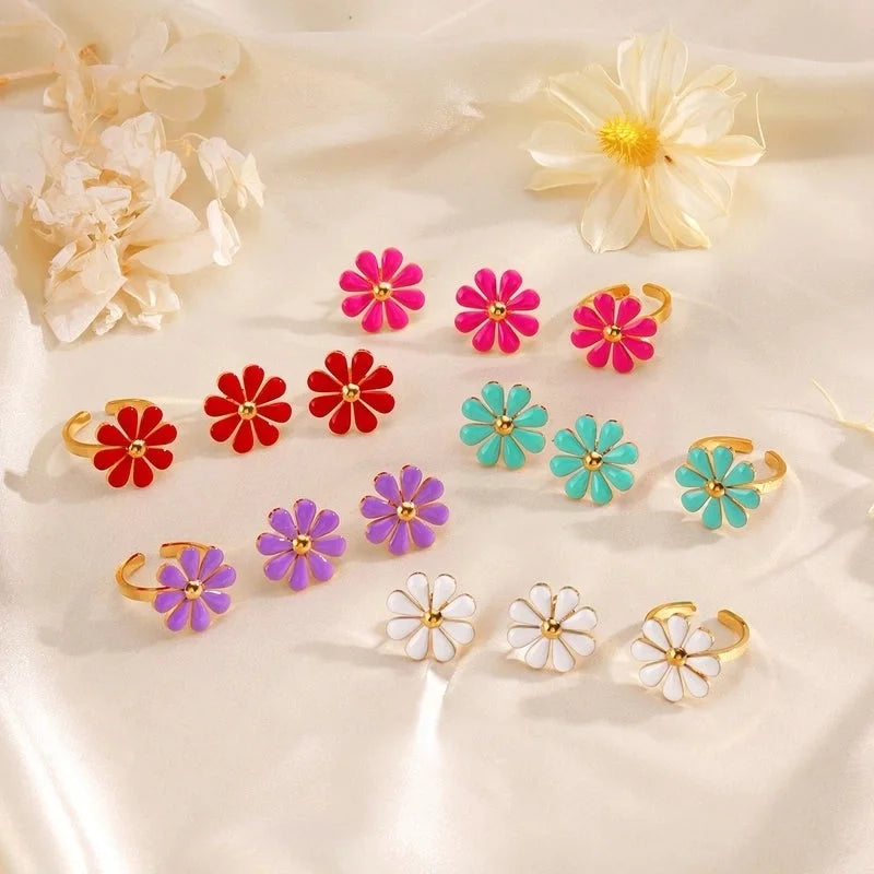 Minimalist Classic Style Flower 304 Stainless Steel Resin 18K Gold Plated Enamel Rings Earrings