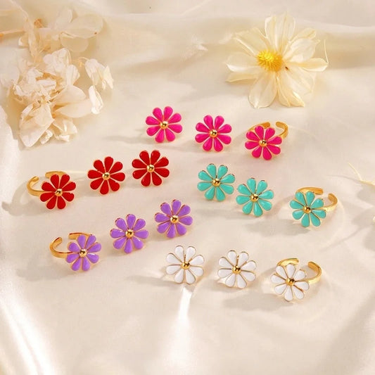 Minimalist Classic Style Flower 304 Stainless Steel Resin 18K Gold Plated Enamel Rings Earrings