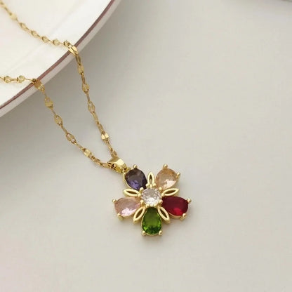 201 Stainless Steel Gold Plated Panda Jaguar Flower Large Diamond Glass Zircon Pendant Necklace