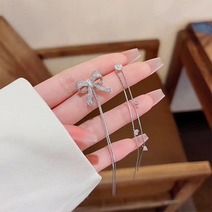 Fashion Heart Shape Bow Knot Copper Inlay Zircon Drop Earrings 1 Pair