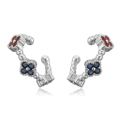 Temperament Entry Lux Copper Inlaid Color Diamond Clover Opening Ear Clip Niche High Sense Flower Petals Ear Rings Direct Sales