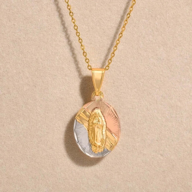 Religion Classic Style Human Virgin Mary 201 Stainless Steel Copper Shell Zircon 18K Gold Plated Pendant Necklace