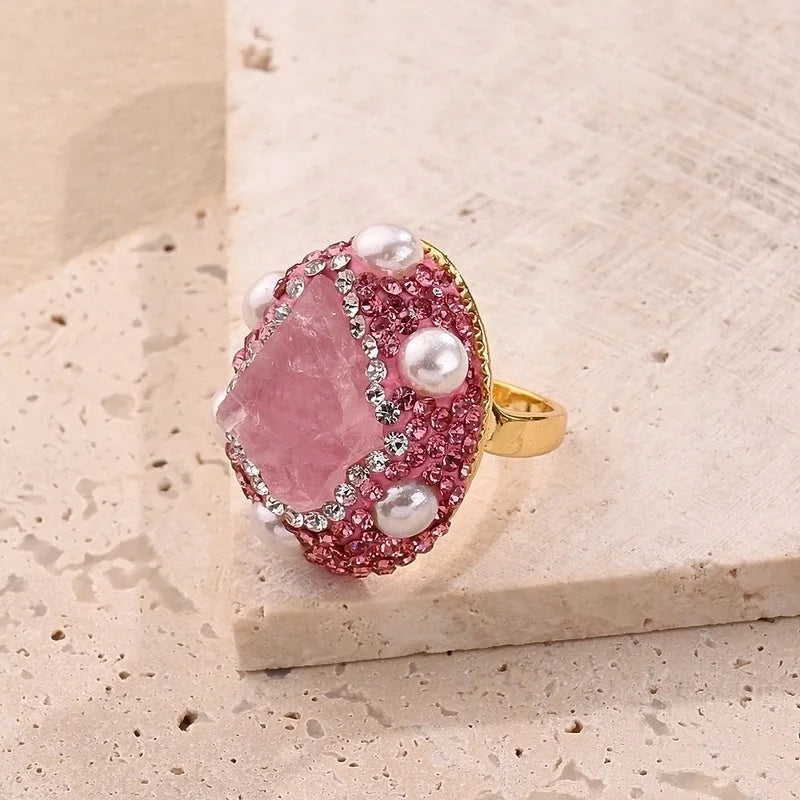 Casual Glam Vacation Irregular Round Oval Amethyst Copper Lapis Lazuli 18K Gold Plated Imitation Pearl Rhinestones Clay Adjustable Ring In Bulk