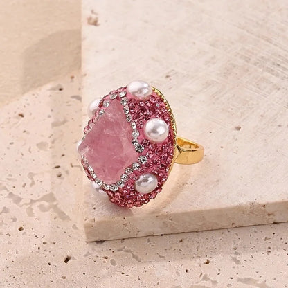Casual Glam Vacation Irregular Round Oval Amethyst Copper Lapis Lazuli 18K Gold Plated Imitation Pearl Rhinestones Clay Adjustable Ring In Bulk