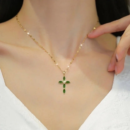 Minimalist Cross Stainless Steel Copper Inlay Zircon Pendant Necklace