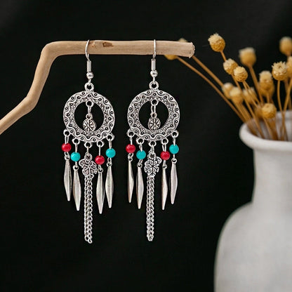 Bohemian Blue Turquoise National Style Earrings Imitation Miao Silver Metal Earrings Vintage Tassel Earrings