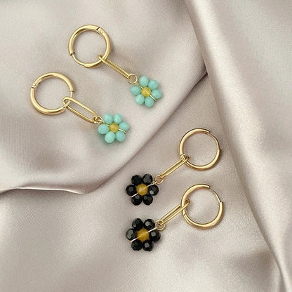 1 Pair Sweet Flower Polishing Crystal Plating 304 Stainless Steel Beaded Crystal Beads 14K Gold Plated Drop Earrings