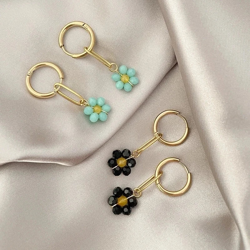 1 Pair Sweet Flower Polishing Crystal Plating 304 Stainless Steel Beaded Crystal Beads 14K Gold Plated Drop Earrings