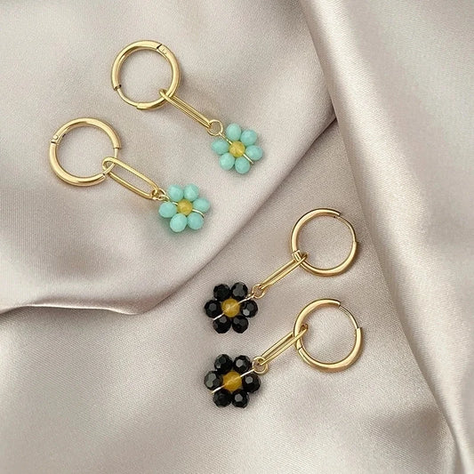 1 Pair Sweet Flower Polishing Crystal Plating 304 Stainless Steel Beaded Crystal Beads 14K Gold Plated Drop Earrings