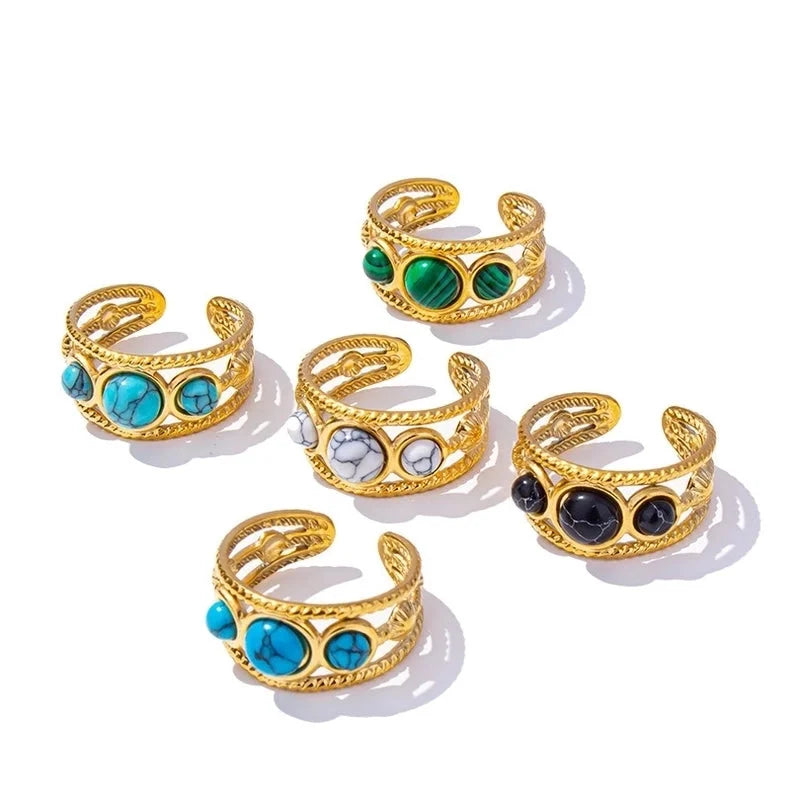 2 Pieces 304 Stainless Steel Minimalist Inlay Round Artificial Gemstones Rings