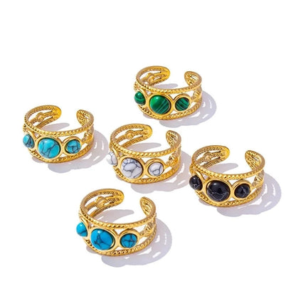 2 Pieces 304 Stainless Steel Minimalist Inlay Round Artificial Gemstones Rings