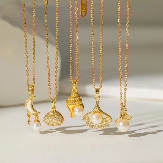 304 Stainless Steel 18K Gold Plated Casual Minimalist Polishing Plating Inlay Conch Shell Artificial Rhinestones Plastic Pendant Necklace