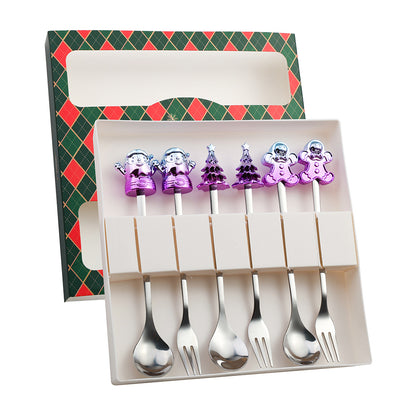 J Christmas Spoon Set Cartoon Colorful Santa Claus Christmas Tree Spoon Fork Coffee Dessert Spoon Gift Box