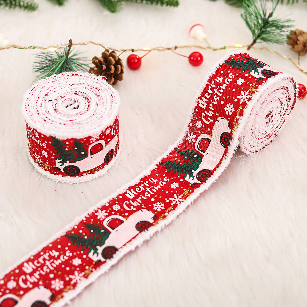 Christmas Decoration Printed Frayed Edge Ribbon Gift Box Packaging Ribbon Christmas Gift Packaging Ribbon