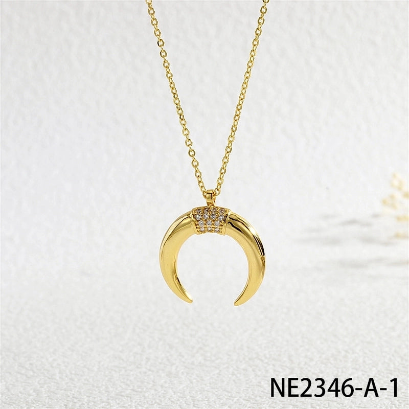 Copper Cable Chain Inlay Moon Zircon Pendant Necklace