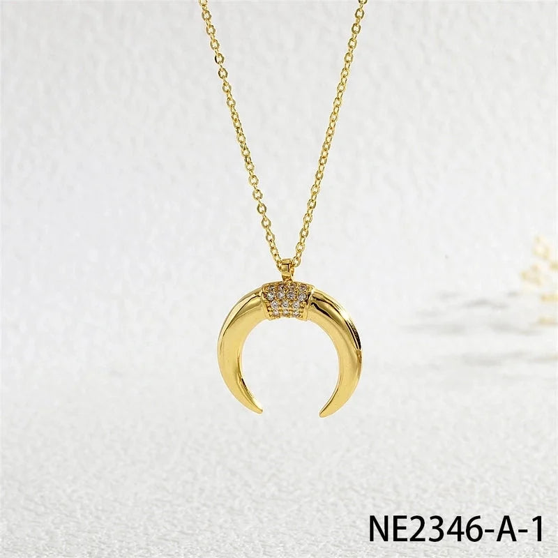 Copper Cable Chain Inlay Moon Zircon Pendant Necklace