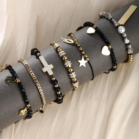 6 Pieces XUPING Streetwear Cross 304 Stainless Steel 18K Gold Plated Artificial Gemstones Artificial Pearls Bracelets In Bulk