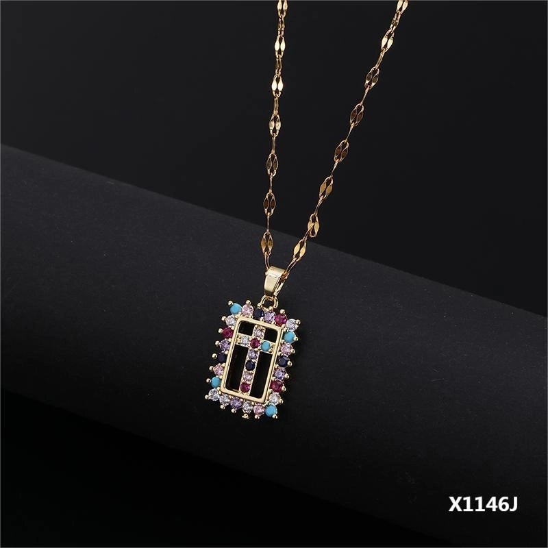 Copper Inlay Cross Zircon Pendant Necklace