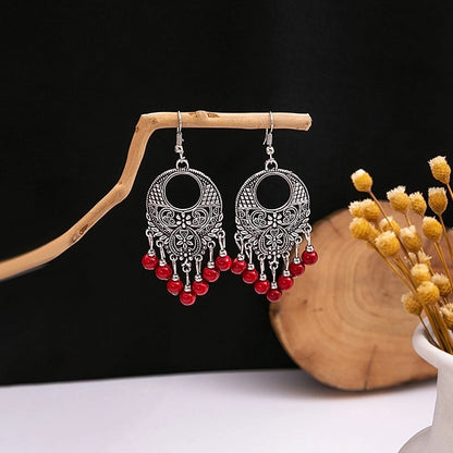 Bohemian Blue Turquoise National Style Earrings Imitation Miao Silver Metal Earrings Vintage Tassel Earrings