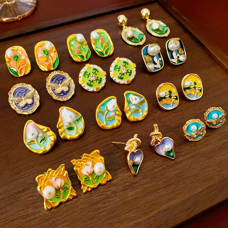 Medieval Flower Geometric Flower Copper Oil Dripping Earrings