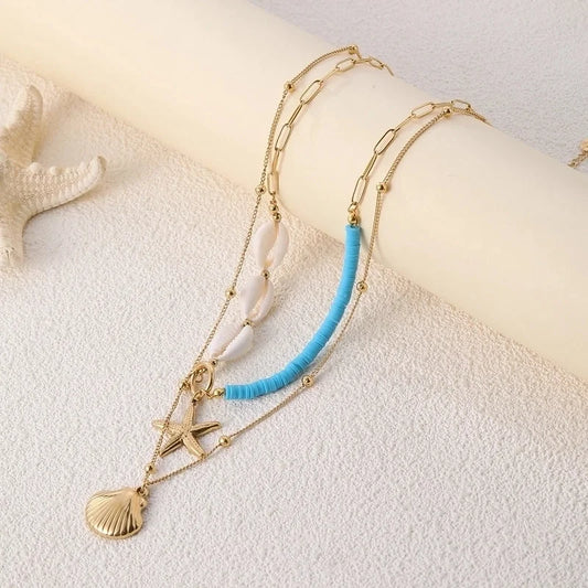Beach Scallop Starfish Shell 304 Stainless Steel Double Layer Necklaces