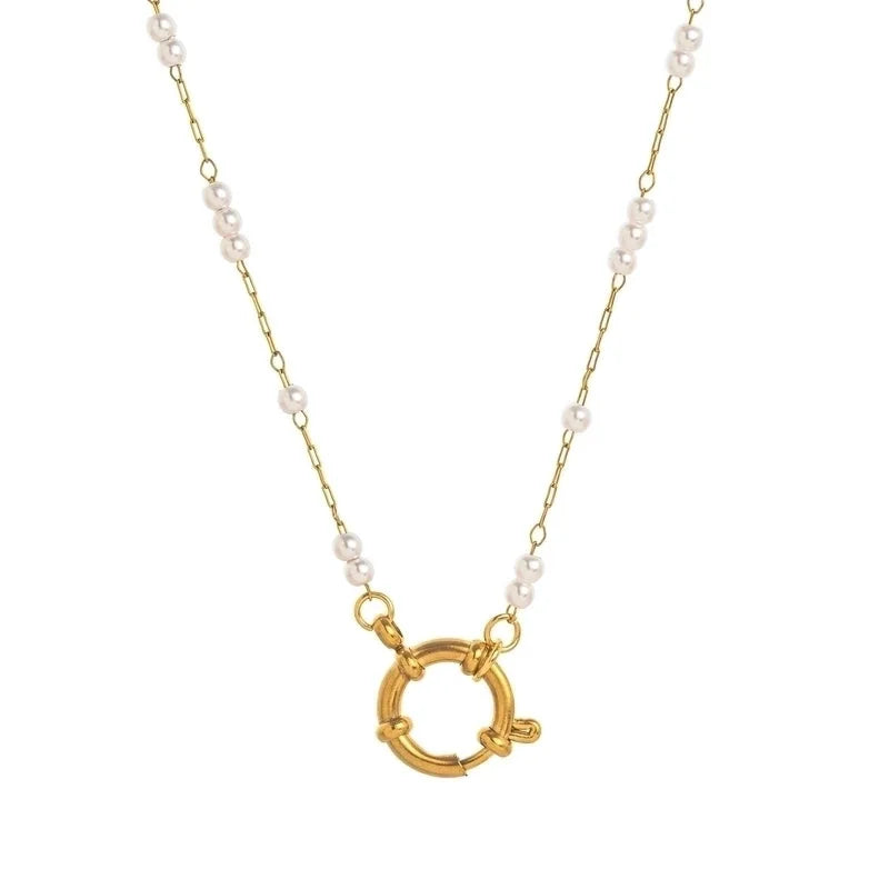Minimalist Circle Pearl 201 Stainless Steel 304 Stainless Steel Zircon 18K Gold Plated Beaded Inlay Pendant Necklace