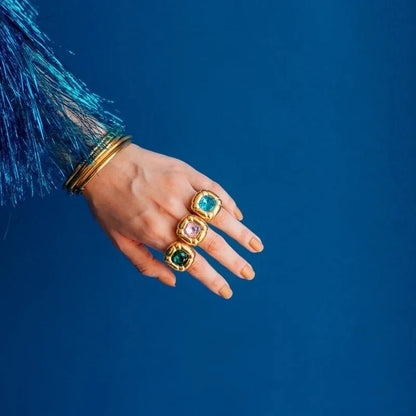 Formal Classic Style Artistic Geometric 304 Stainless Steel Glass Inlay Rings