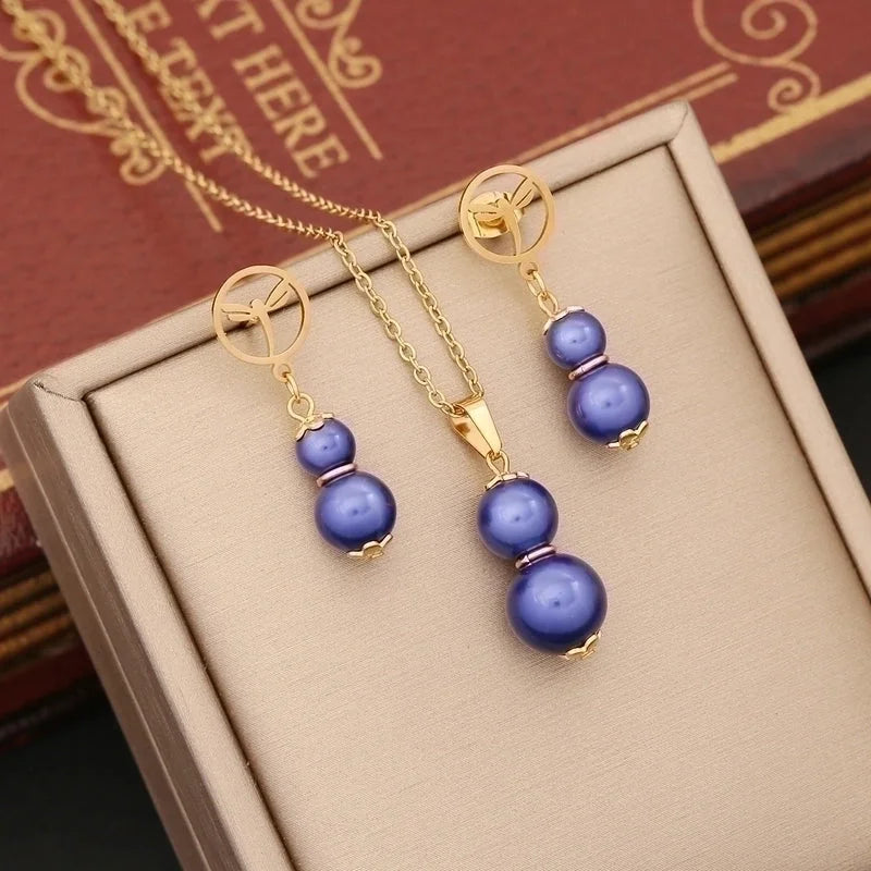Stainless Steel Artificial Pearl 18K Gold Plated Commute Patchwork Gourd Jewelry Set