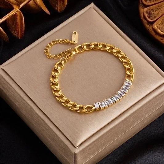 Fashion Rectangle 304 Stainless Steel 18K Gold Plated Zircon Stainless Steel Bracelets In Bulk