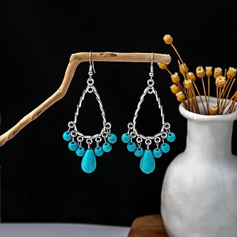 Bohemian Blue Turquoise National Style Earrings Imitation Miao Silver Metal Earrings Vintage Tassel Earrings