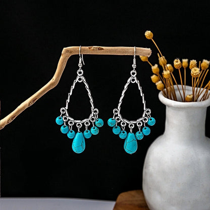 Bohemian Blue Turquoise National Style Earrings Imitation Miao Silver Metal Earrings Vintage Tassel Earrings