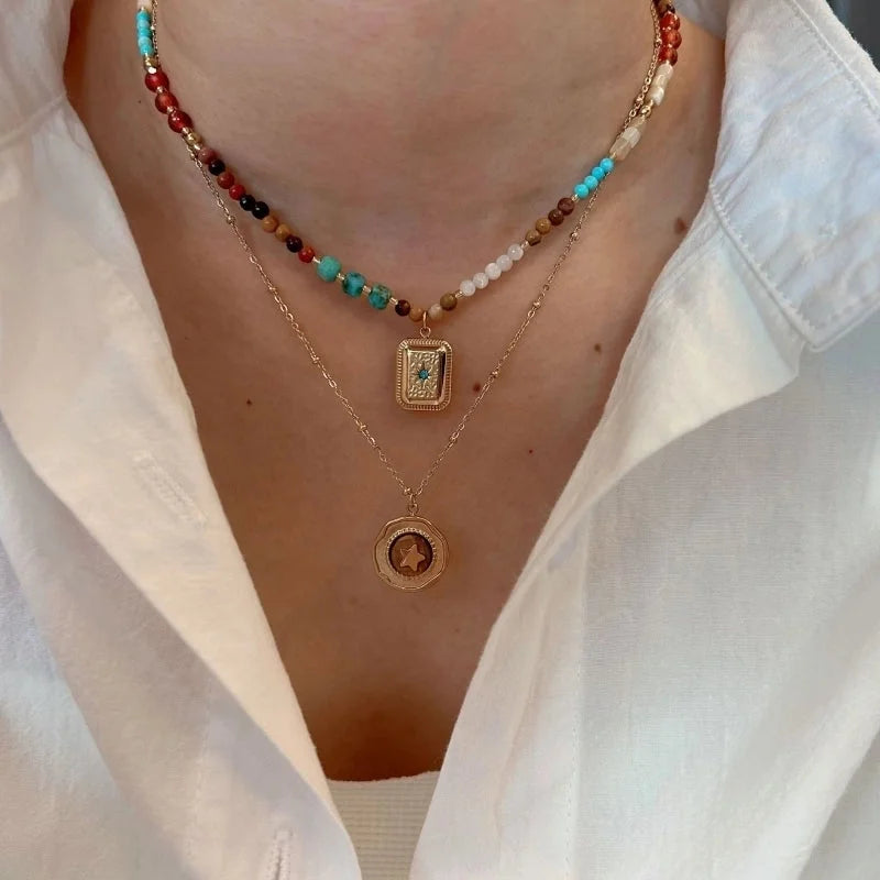 Minimalist Geometric Natural Stone Titanium Steel Pendant Necklace In Bulk