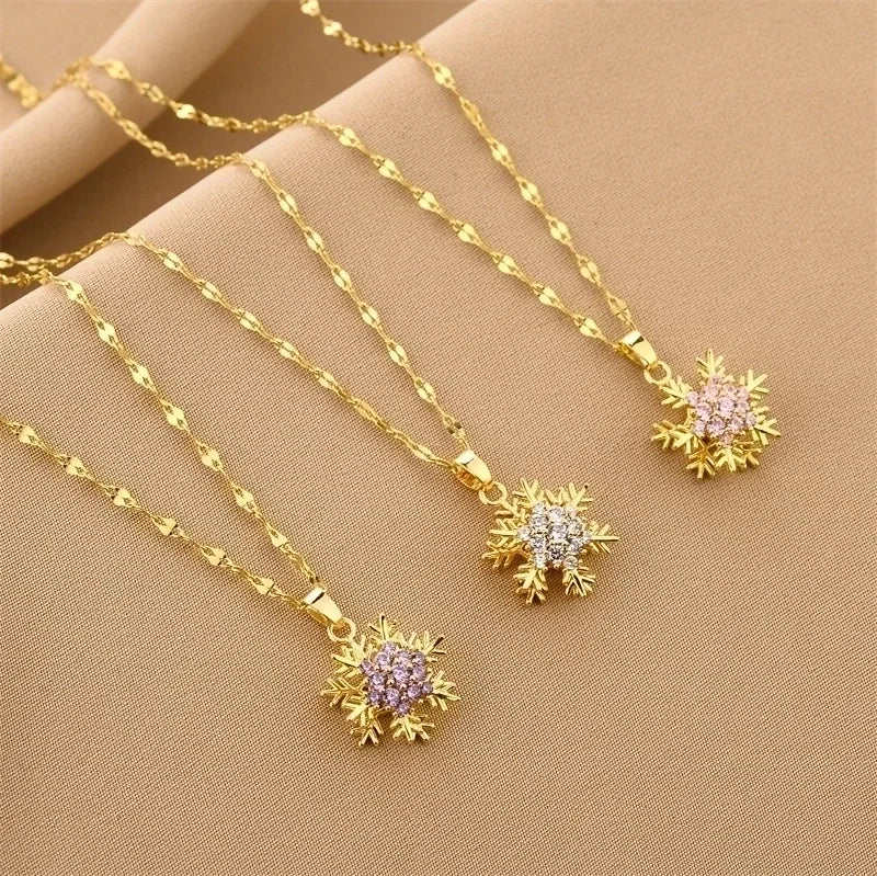 Elegant Snowflake Titanium Steel Inlay Zircon Pendant Necklace 1 Piece
